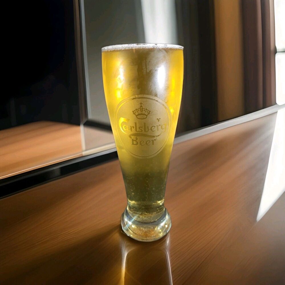 Vintage Carlsberg Beer Glass Frosted Crown LogoTall Pilsner Barware 24 Ounces